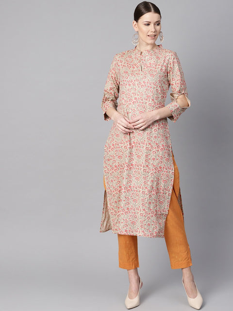 Floral Printed Straight Kurta with 3/4 sleeves and cut-out detailing