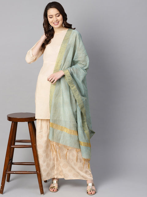 Cream 3/4th sleeve Kurta Set with Gold Printed sharara & Powder blue Checked dupatta