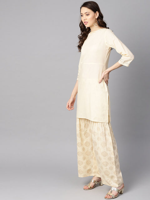 Cream 3/4th sleeve Kurta Set with Gold Printed sharara & Powder blue Checked dupatta