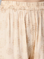 Cream 3/4th sleeve Kurta Set with Gold Printed sharara & Powder blue Checked dupatta