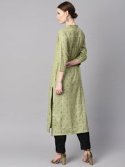 Green Ikat printed 3/4th sleeve kurta with Solid Black Pants