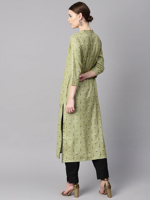 Green Ikat printed 3/4th sleeve kurta with Solid Black Pants