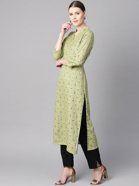 Green Ikat printed 3/4th sleeve kurta with Solid Black Pants