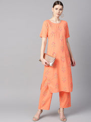 Peach floral sort Printed kurta set with printed pants