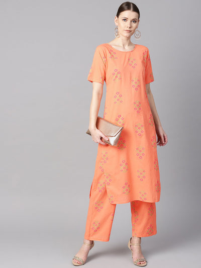 Peach floral sort Printed kurta set with printed pants