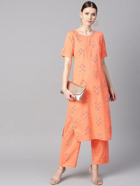 Peach floral sort Printed kurta set with printed pants