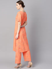 Peach floral sort Printed kurta set with printed pants