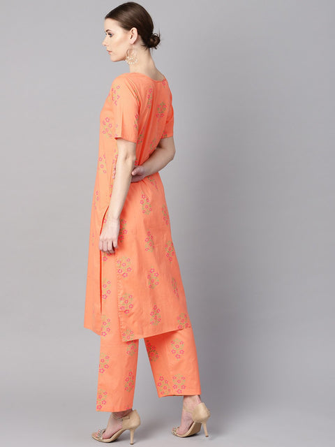 Peach floral sort Printed kurta set with printed pants