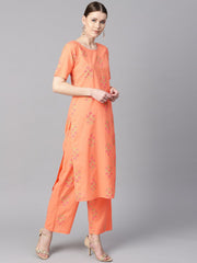 Peach floral sort Printed kurta set with printed pants