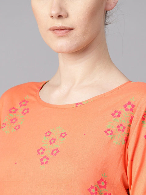 Peach floral sort Printed kurta set with printed pants