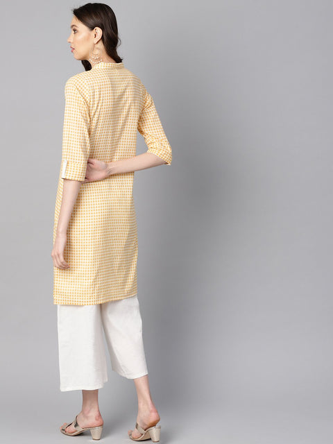 Yellow & white checked Kurta with Shirt collar & 3/4 sleeves