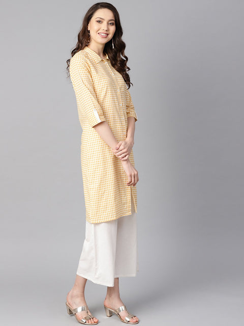 Yellow & white checked Kurta with Shirt collar & 3/4 sleeves