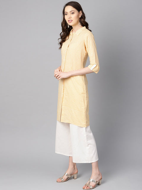 Yellow & white checked Kurta with Shirt collar & 3/4 sleeves