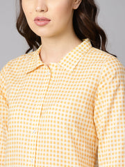 Yellow & white checked Kurta with Shirt collar & 3/4 sleeves