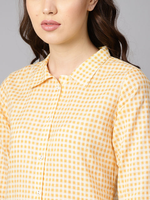 Yellow & white checked Kurta with Shirt collar & 3/4 sleeves