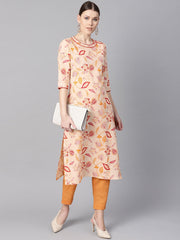 Cream Floral Printed Straight Kurta with Round neck & 3/4 sleeves