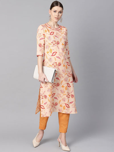 Cream Floral Printed Straight Kurta with Round neck & 3/4 sleeves