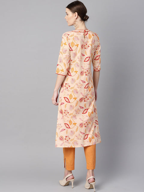 Cream Floral Printed Straight Kurta with Round neck & 3/4 sleeves