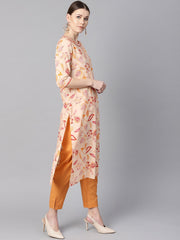 Cream Floral Printed Straight Kurta with Round neck & 3/4 sleeves