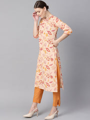Cream Floral Printed Straight Kurta with Round neck & 3/4 sleeves
