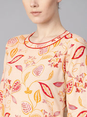 Cream Floral Printed Straight Kurta with Round neck & 3/4 sleeves