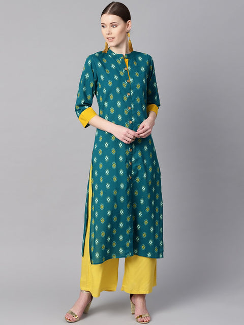 Women Teal Printed Straight Kurta