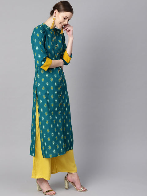 Women Teal Printed Straight Kurta