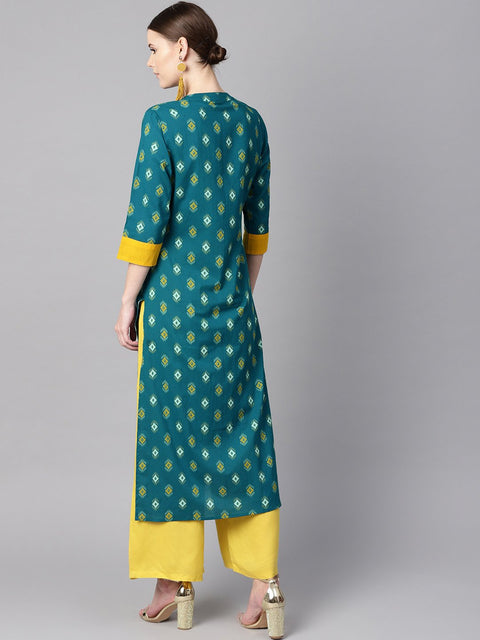 Women Teal Printed Straight Kurta