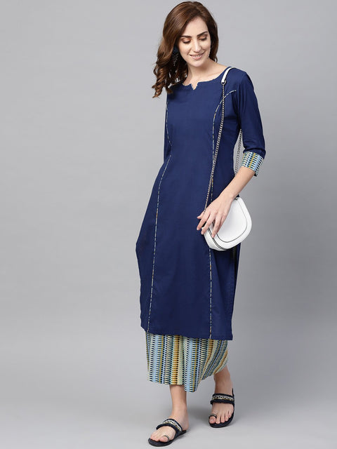 Navy Blue Kurta set with Cream Multi colored Culottes