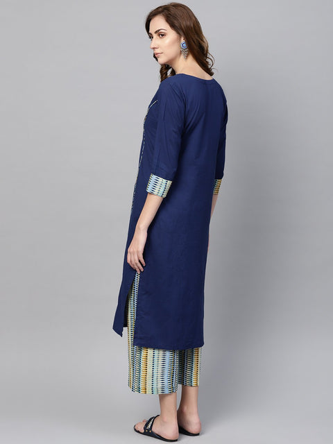 Navy Blue Kurta set with Cream Multi colored Culottes
