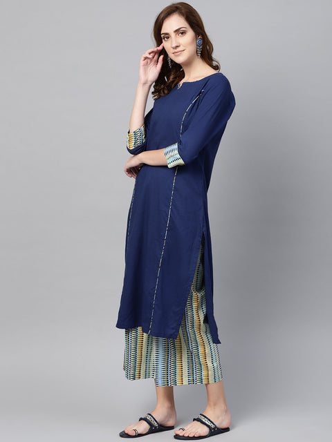 Navy Blue Kurta set with Cream Multi colored Culottes