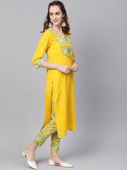 Solid Yellow Kurta set With Front Printed Yoke & Printed Pants