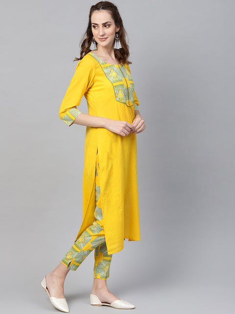 Solid Yellow Kurta set With Front Printed Yoke & Printed Pants