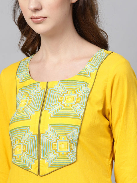 Solid Yellow Kurta set With Front Printed Yoke & Printed Pants