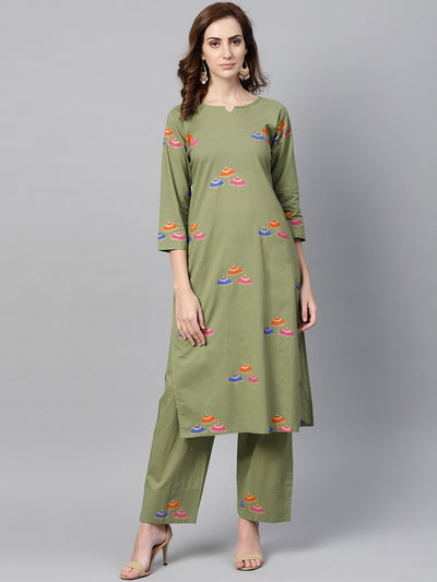 Pistachio Green 3/4th sleeve Printed Kurta Set with ankle length printed pants