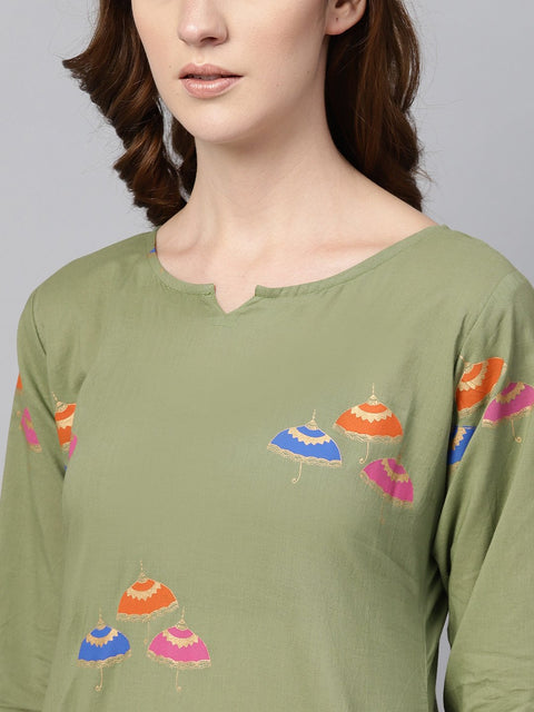 Pistachio Green 3/4th sleeve Printed Kurta Set with ankle length printed pants