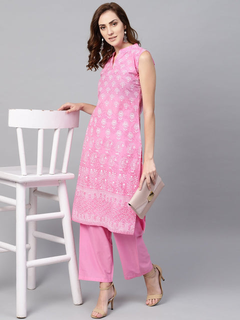 Pink Printed sleeveless Kurta set with solid Pants