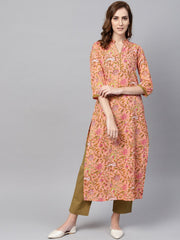 Peach Floral Printed Kurta with Solid Olive Green Pants