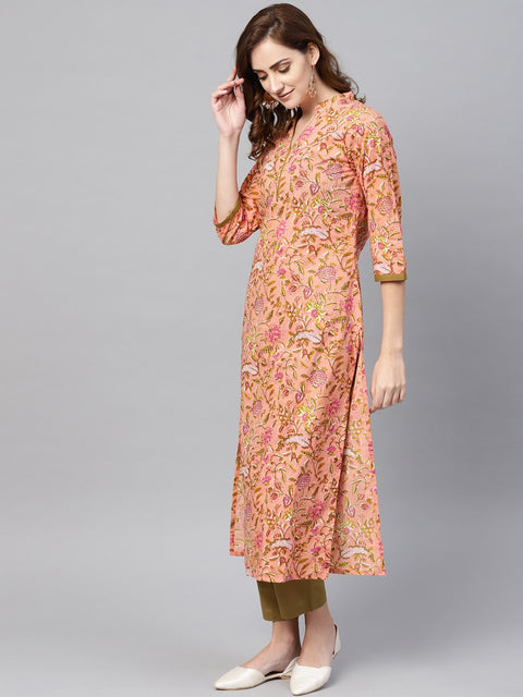 Peach Floral Printed Kurta with Solid Olive Green Pants