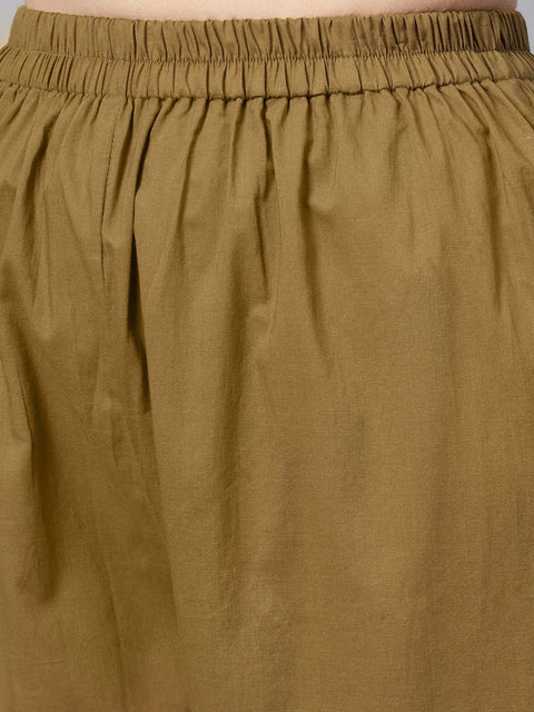 Peach Floral Printed Kurta with Solid Olive Green Pants