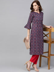 Indigo Blue Multi Colored Printed Kurta Set with Solid Red Pants