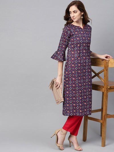 Indigo Blue Multi Colored Printed Kurta Set with Solid Red Pants