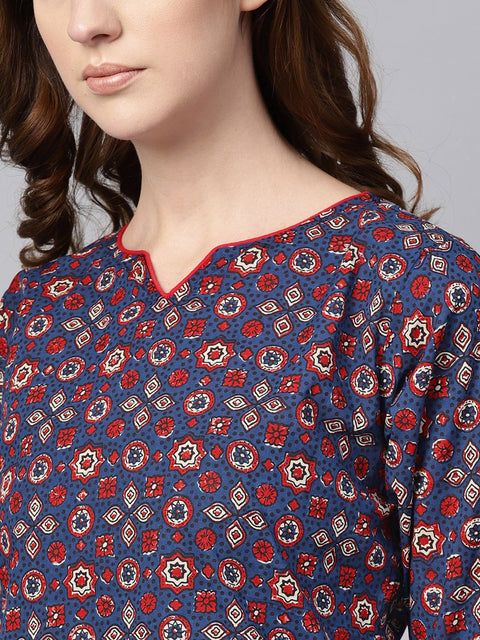 Indigo Blue Multi Colored Printed Kurta Set with Solid Red Pants