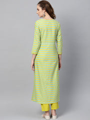 Green Stripped 3/4th sleeve Kurta Set With Solid Pants