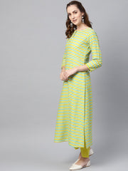 Green Stripped 3/4th sleeve Kurta Set With Solid Pants