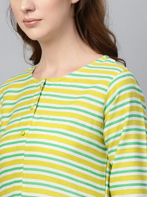 Green Stripped 3/4th sleeve Kurta Set With Solid Pants