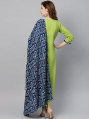 Lime Green Kurta Set with Pants & Mul Printed Dupatta