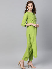 Lime Green Kurta Set with Pants & Mul Printed Dupatta