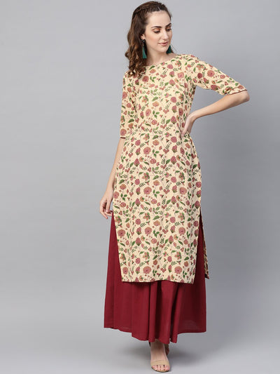 Cream Multi Colored Kurta Set with Solid Dark Maroon Skirt