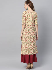 Cream Multi Colored Kurta Set with Solid Dark Maroon Skirt